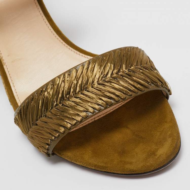 Pre Owned Prada Olive Green Suede and Raffia Wedge Ankle Wrap Sandals Size 41