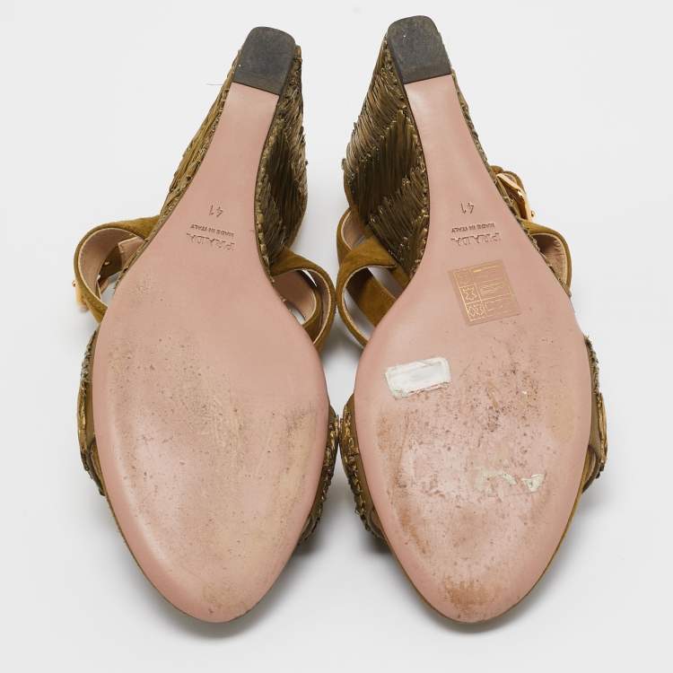 Pre Owned Prada Olive Green Suede and Raffia Wedge Ankle Wrap Sandals Size 41