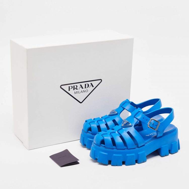 Pre Owned Prada Blue Rubber Platform Ankle Strap Sandals Size 38