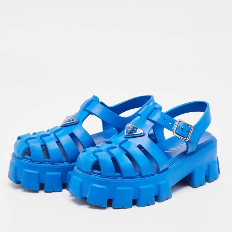 Pre Owned Prada Blue Rubber Platform Ankle Strap Sandals Size 38