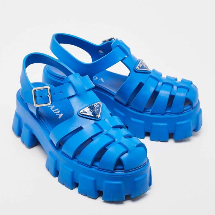 Pre Owned Prada Blue Rubber Platform Ankle Strap Sandals Size 38
