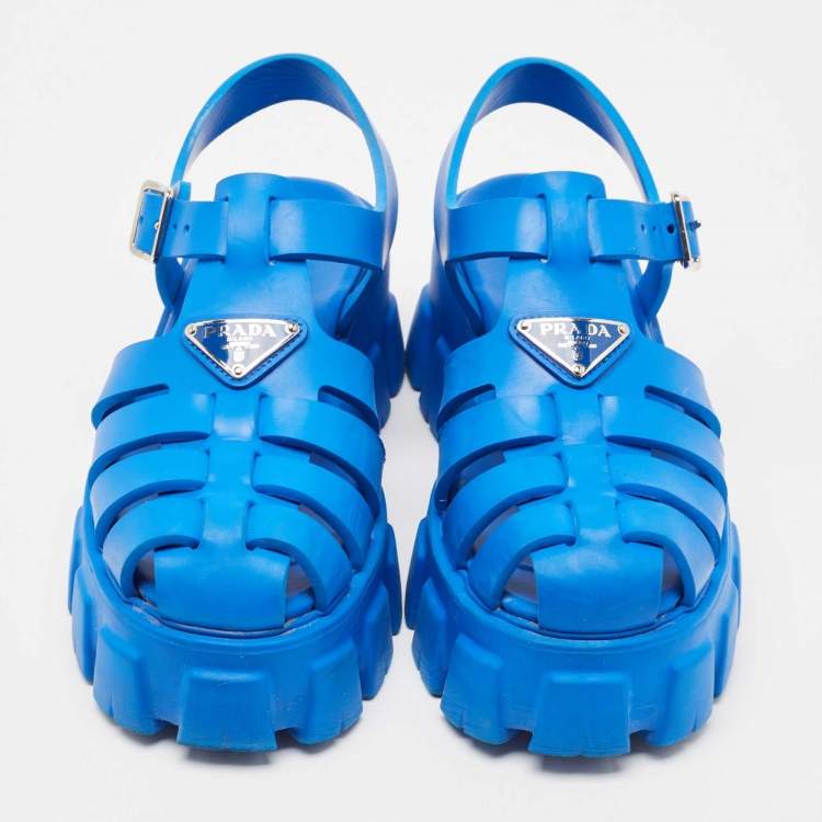 Pre Owned Prada Blue Rubber Platform Ankle Strap Sandals Size 38