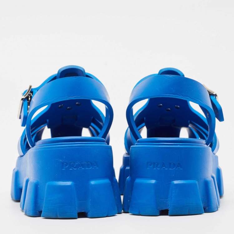 Pre Owned Prada Blue Rubber Platform Ankle Strap Sandals Size 38