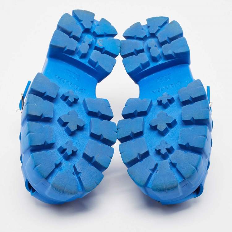 Pre Owned Prada Blue Rubber Platform Ankle Strap Sandals Size 38