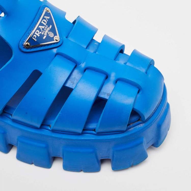 Pre Owned Prada Blue Rubber Platform Ankle Strap Sandals Size 38
