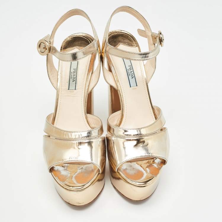 Pre Owned Prada Gold Leather Platform Ankle Strap Sandals Size 39