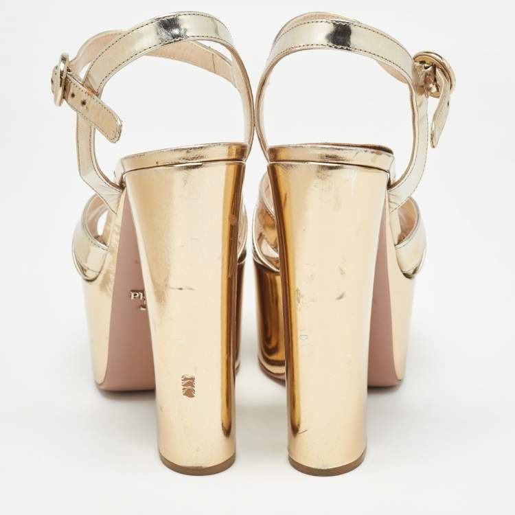 Pre Owned Prada Gold Leather Platform Ankle Strap Sandals Size 39