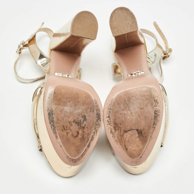 Pre Owned Prada Gold Leather Platform Ankle Strap Sandals Size 39