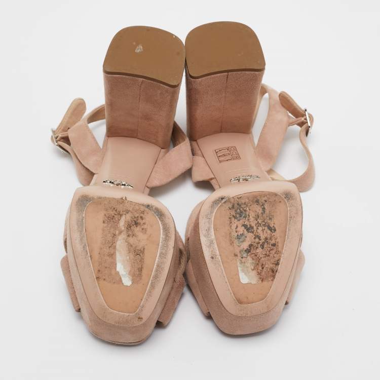 Pre Owned Prada Light Pink Suede Platform Ankle Strap Sandals Size 39