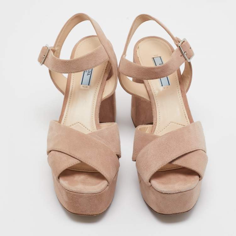 Pre Owned Prada Light Pink Suede Platform Ankle Strap Sandals Size 39