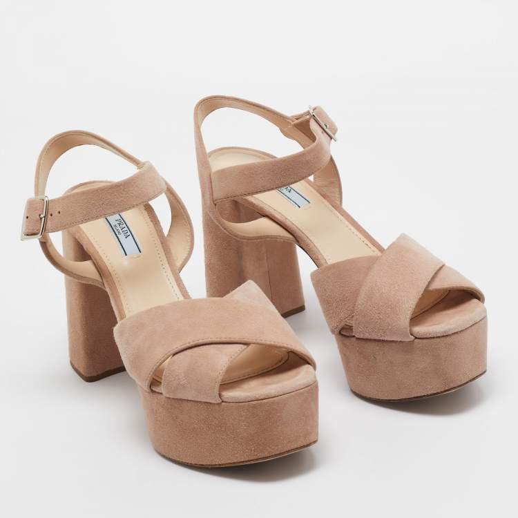 Pre Owned Prada Light Pink Suede Platform Ankle Strap Sandals Size 39