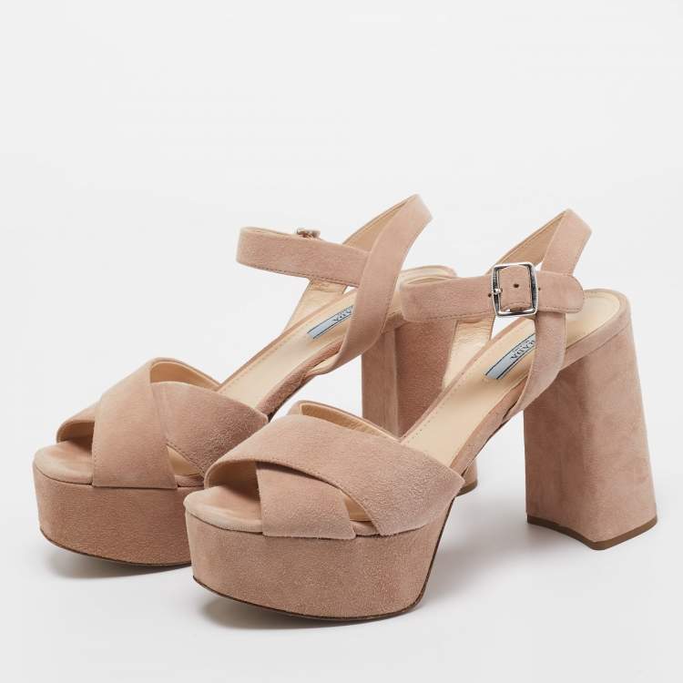Pre Owned Prada Light Pink Suede Platform Ankle Strap Sandals Size 39