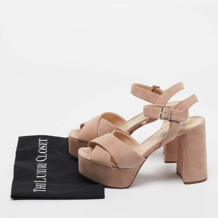 Pre Owned Prada Light Pink Suede Platform Ankle Strap Sandals Size 39