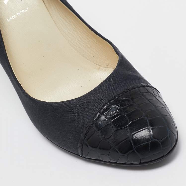 Pre Owned Prada Dark Grey/Black Satin and Croc Embossed Leather Cap Toe Pumps Size 37
