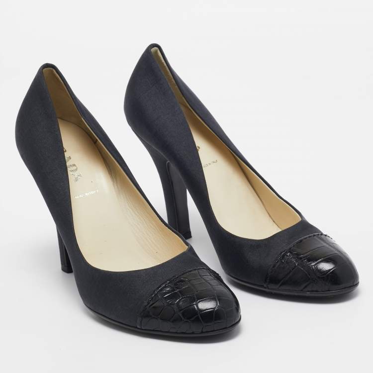 Pre Owned Prada Dark Grey/Black Satin and Croc Embossed Leather Cap Toe Pumps Size 37