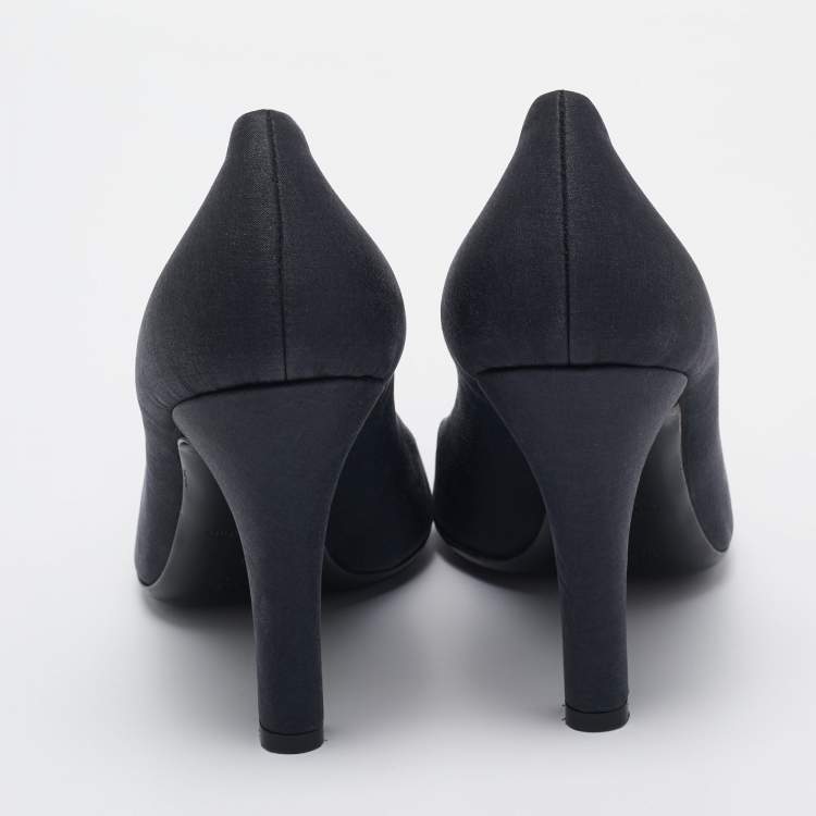 Pre Owned Prada Dark Grey/Black Satin and Croc Embossed Leather Cap Toe Pumps Size 37