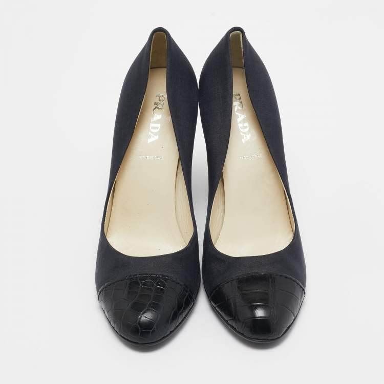 Pre Owned Prada Dark Grey/Black Satin and Croc Embossed Leather Cap Toe Pumps Size 37