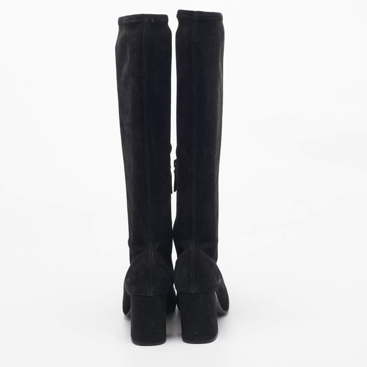 Pre Owned Prada Black Suede Knee Length Block Heel Boots Size 37.5