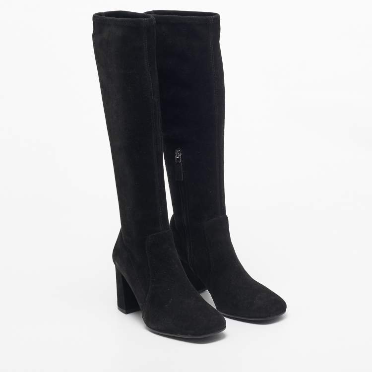 Pre Owned Prada Black Suede Knee Length Block Heel Boots Size 37.5