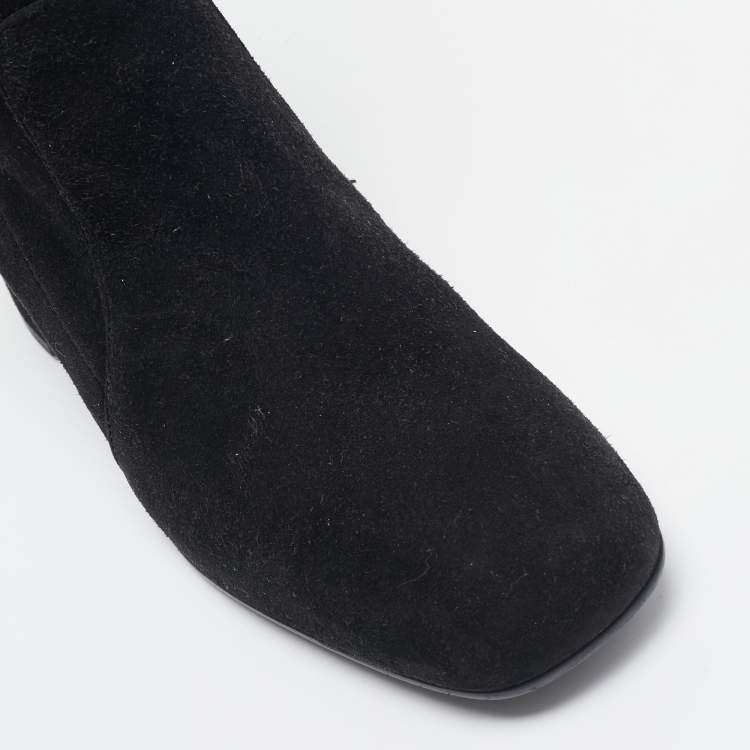 Pre Owned Prada Black Suede Knee Length Block Heel Boots Size 37.5