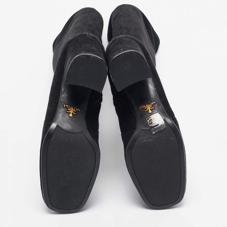 Pre Owned Prada Black Suede Knee Length Block Heel Boots Size 37.5