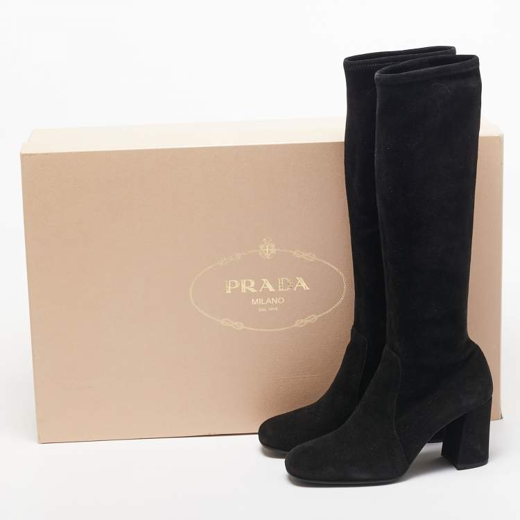 Pre Owned Prada Black Suede Knee Length Block Heel Boots Size 37.5
