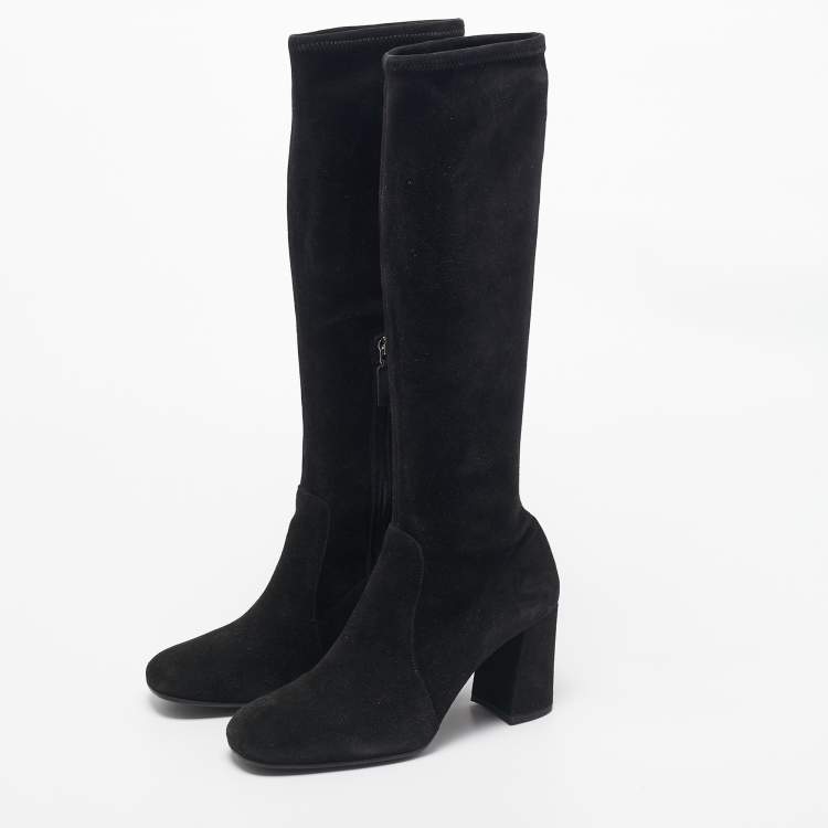Pre Owned Prada Black Suede Knee Length Block Heel Boots Size 37.5