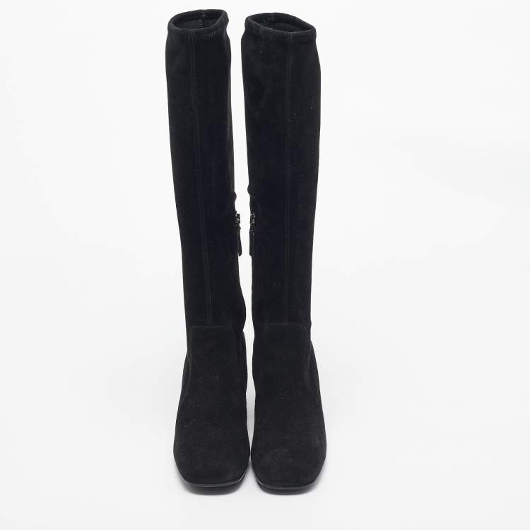 Pre Owned Prada Black Suede Knee Length Block Heel Boots Size 37.5