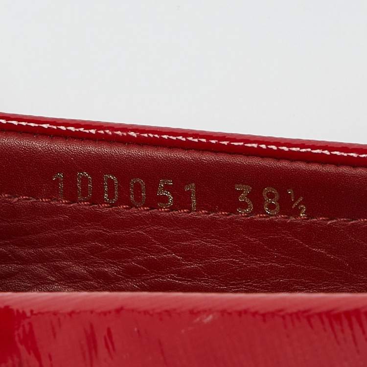 Pre Owned Prada Red Patent Leather Logo Detail Bow Loafers Size 38.5