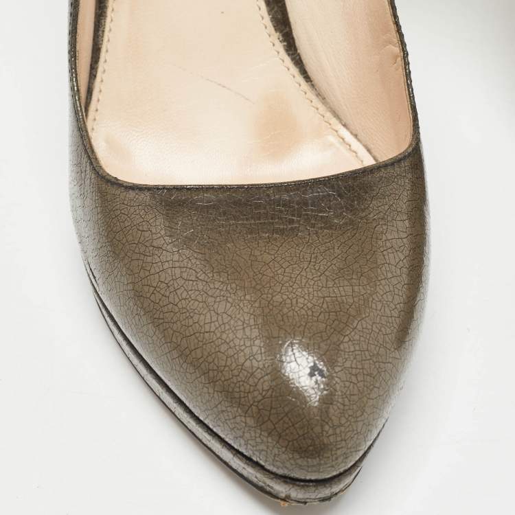 Pre Owned Prada Olive Green Crackled Patent Platform Leather Pumps Size 38.5