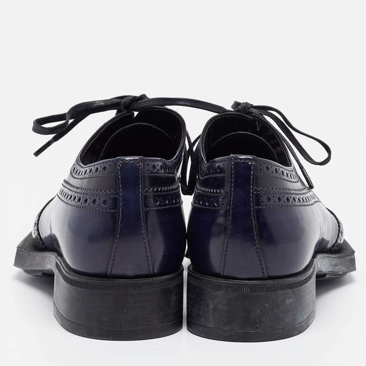 Pre Owned Prada Navy Blue Patent Leather Lace Up Derby Size 37