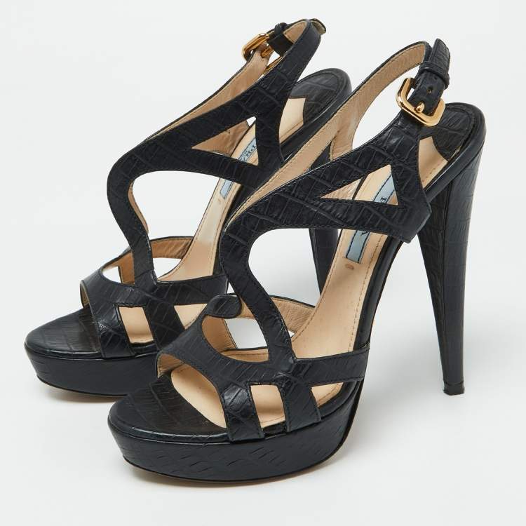 Pre Owned Prada Black Croc Embossed Leather Cross Strap Platform Sandals Size 36