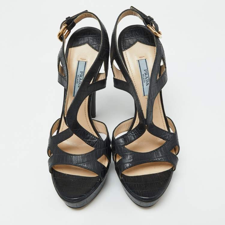 Pre Owned Prada Black Croc Embossed Leather Cross Strap Platform Sandals Size 36