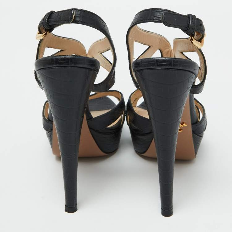 Pre Owned Prada Black Croc Embossed Leather Cross Strap Platform Sandals Size 36