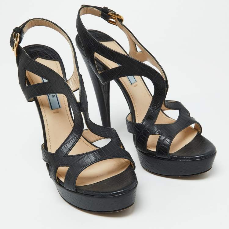 Pre Owned Prada Black Croc Embossed Leather Cross Strap Platform Sandals Size 36
