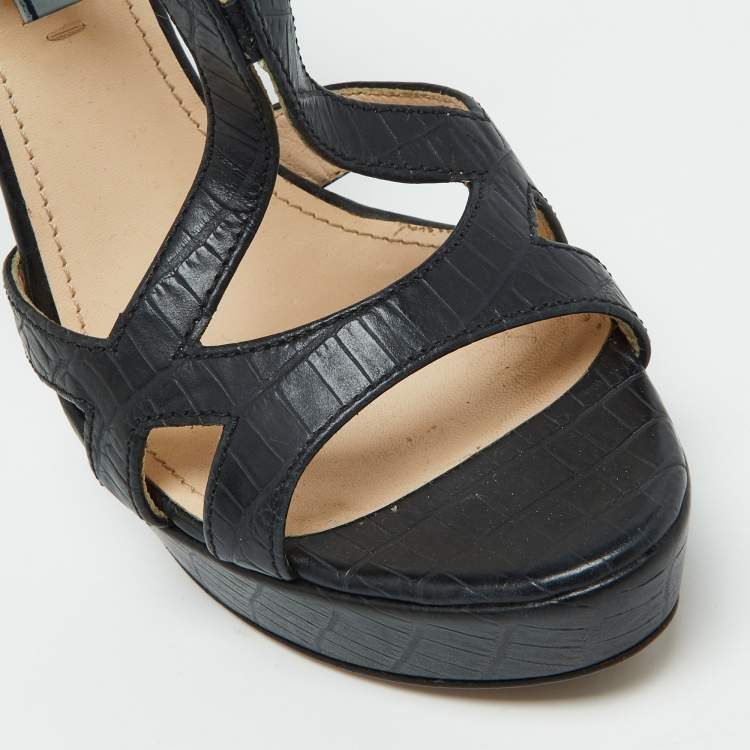 Pre Owned Prada Black Croc Embossed Leather Cross Strap Platform Sandals Size 36