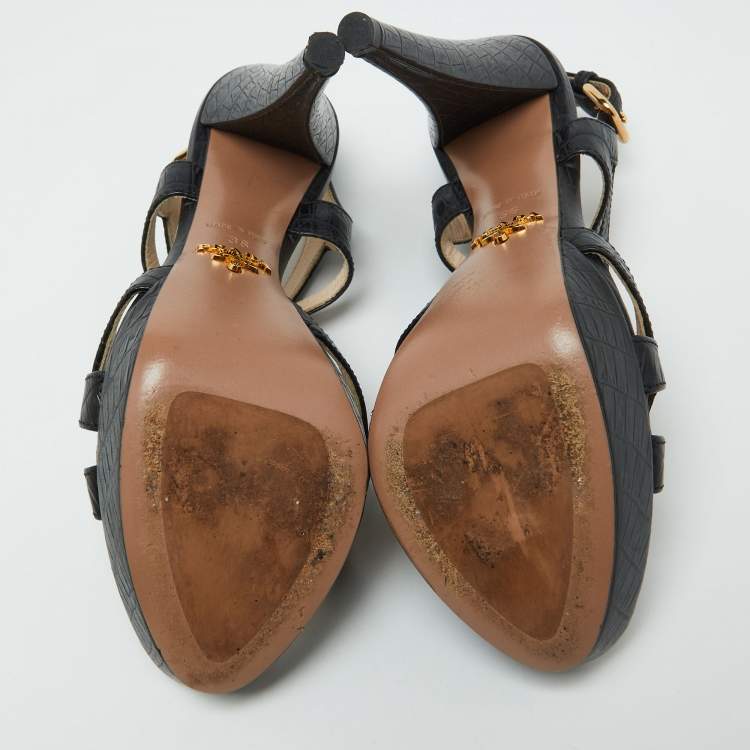 Pre Owned Prada Black Croc Embossed Leather Cross Strap Platform Sandals Size 36