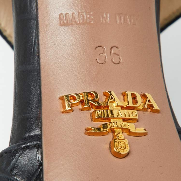 Pre Owned Prada Black Croc Embossed Leather Cross Strap Platform Sandals Size 36