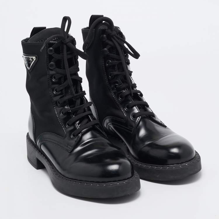 Pre Owned Prada Black Leather and Nylon Ankle Boots Size 37