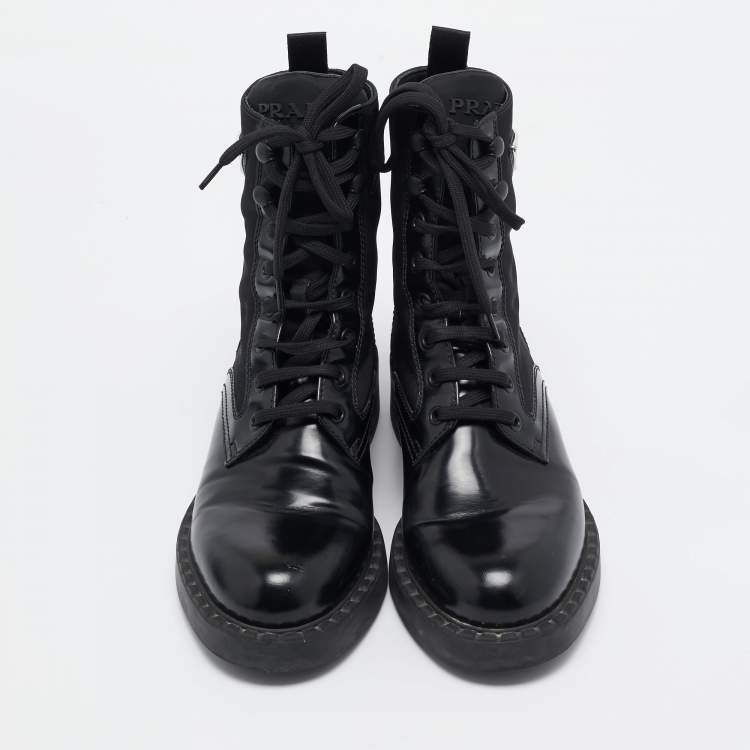 Pre Owned Prada Black Leather and Nylon Ankle Boots Size 37