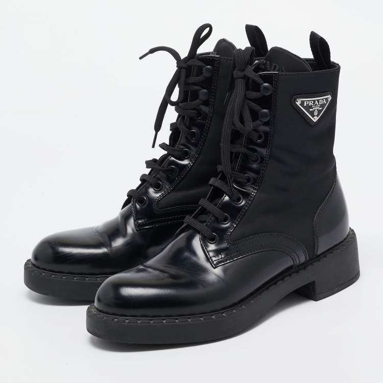 Pre Owned Prada Black Leather and Nylon Ankle Boots Size 37