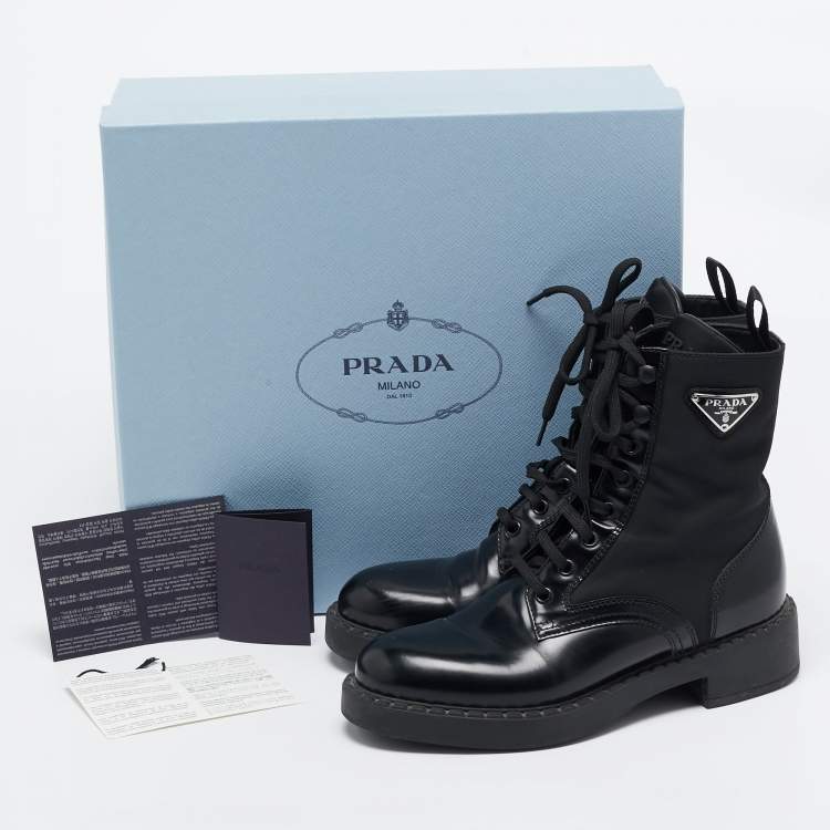 Pre Owned Prada Black Leather and Nylon Ankle Boots Size 37