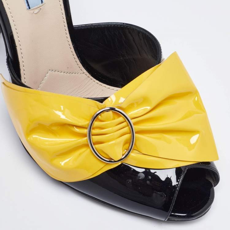 Pre Owned Prada Black/Yellow Patent Leather Bow Mules Size 40