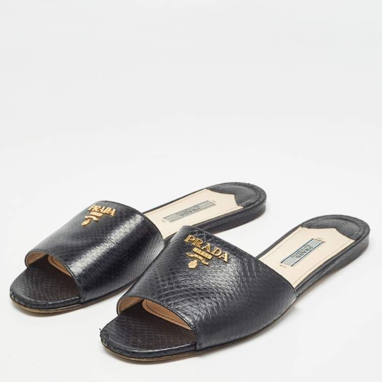 Pre Owned Prada Black Embossed Snakeskin Flat Slides Size 37.5