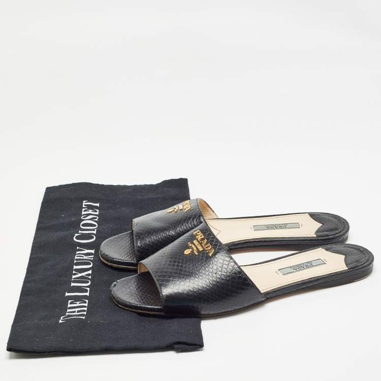 Pre Owned Prada Black Embossed Snakeskin Flat Slides Size 37.5