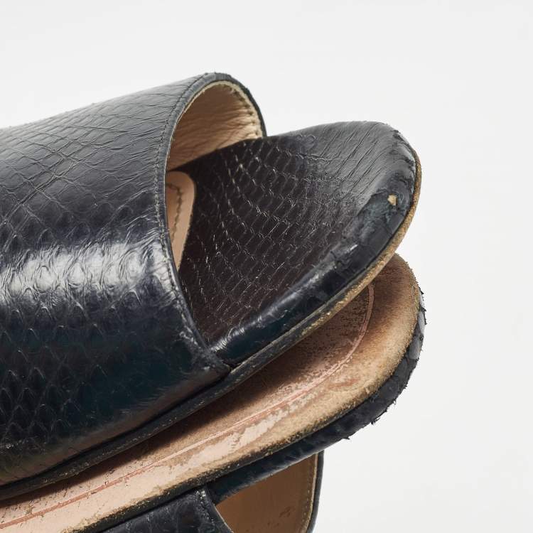 Pre Owned Prada Black Embossed Snakeskin Flat Slides Size 37.5