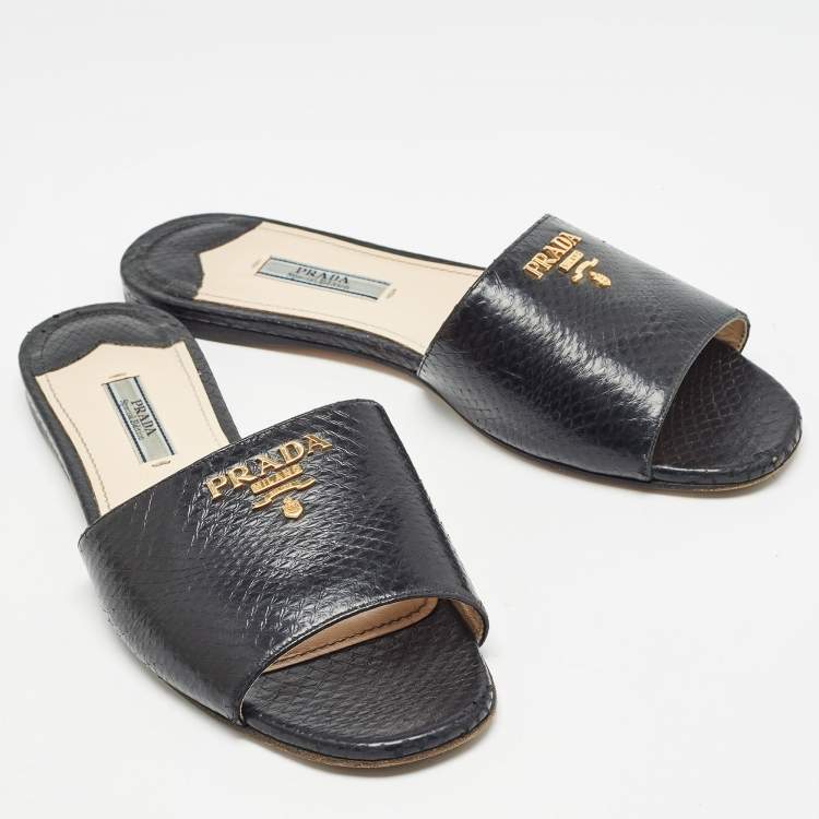 Pre Owned Prada Black Embossed Snakeskin Flat Slides Size 37.5