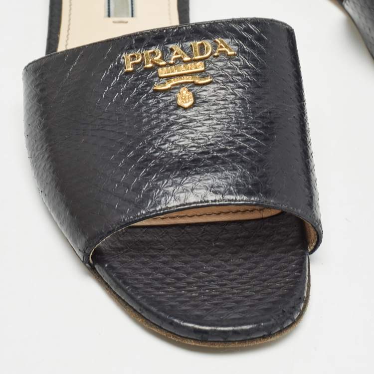 Pre Owned Prada Black Embossed Snakeskin Flat Slides Size 37.5