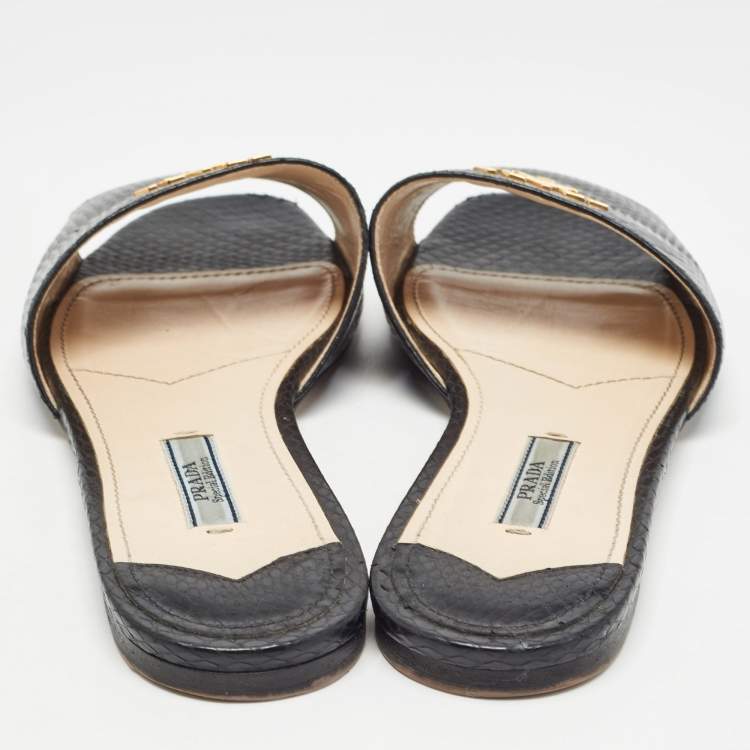 Pre Owned Prada Black Embossed Snakeskin Flat Slides Size 37.5