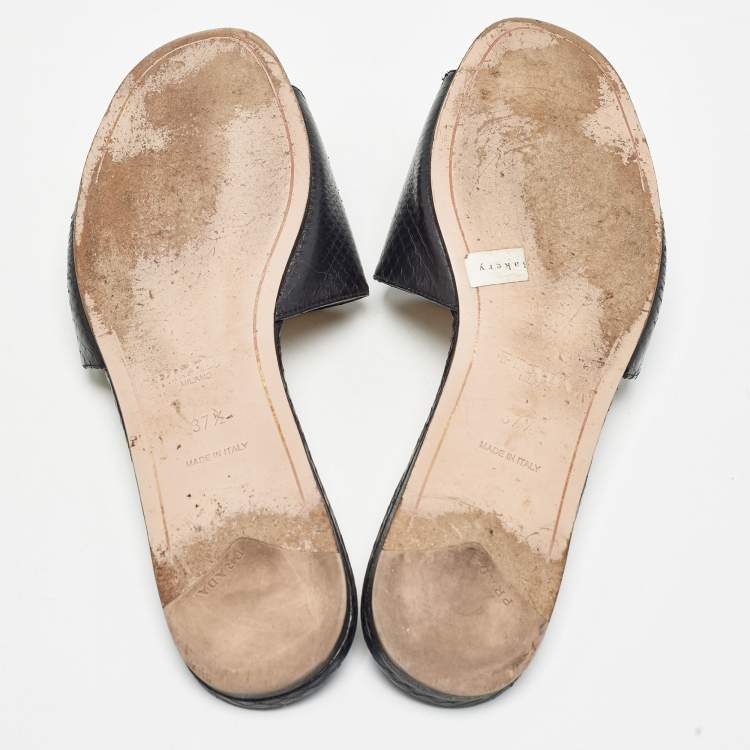 Pre Owned Prada Black Embossed Snakeskin Flat Slides Size 37.5